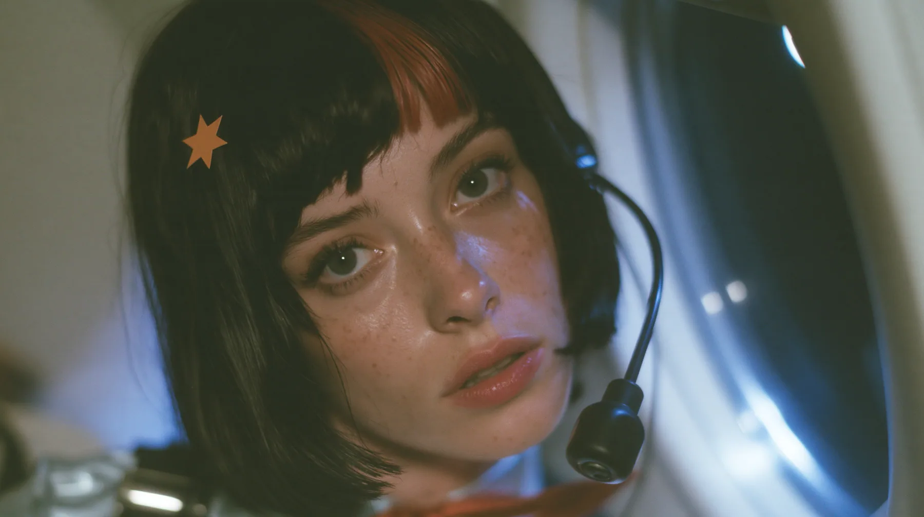 Jet-set high fashion editorial, a couture magazine story shot on a night flight: a close-up of a Caucasian American woman in her late twenties with a grown-up angular face, defined cheekbones and a strong jawline,…