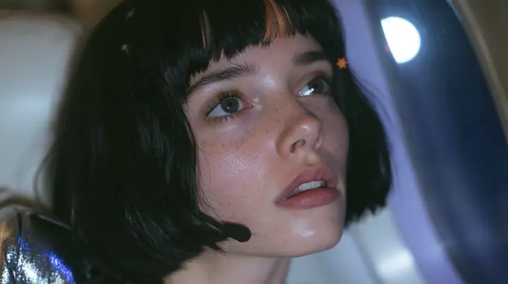 Jet-set high fashion editorial, a couture magazine story shot on a night flight: a close-up of a Caucasian American woman in her late twenties with a grown-up angular face, defined cheekbones and a strong jawline,…
