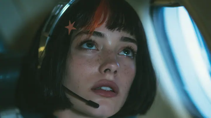 Jet-set high fashion editorial, a couture magazine story shot on a night flight: a close-up of a Caucasian American woman in her late twenties with a grown-up angular face, defined cheekbones and a strong jawline,…