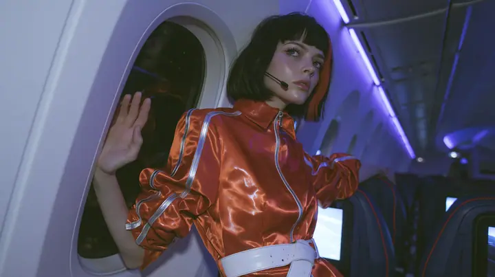 Jet-set high fashion editorial, a couture magazine story shot on a night flight: a medium shot over the shoulder of a Caucasian American woman in her late twenties with pale skin and a glossy black blunt bob with…