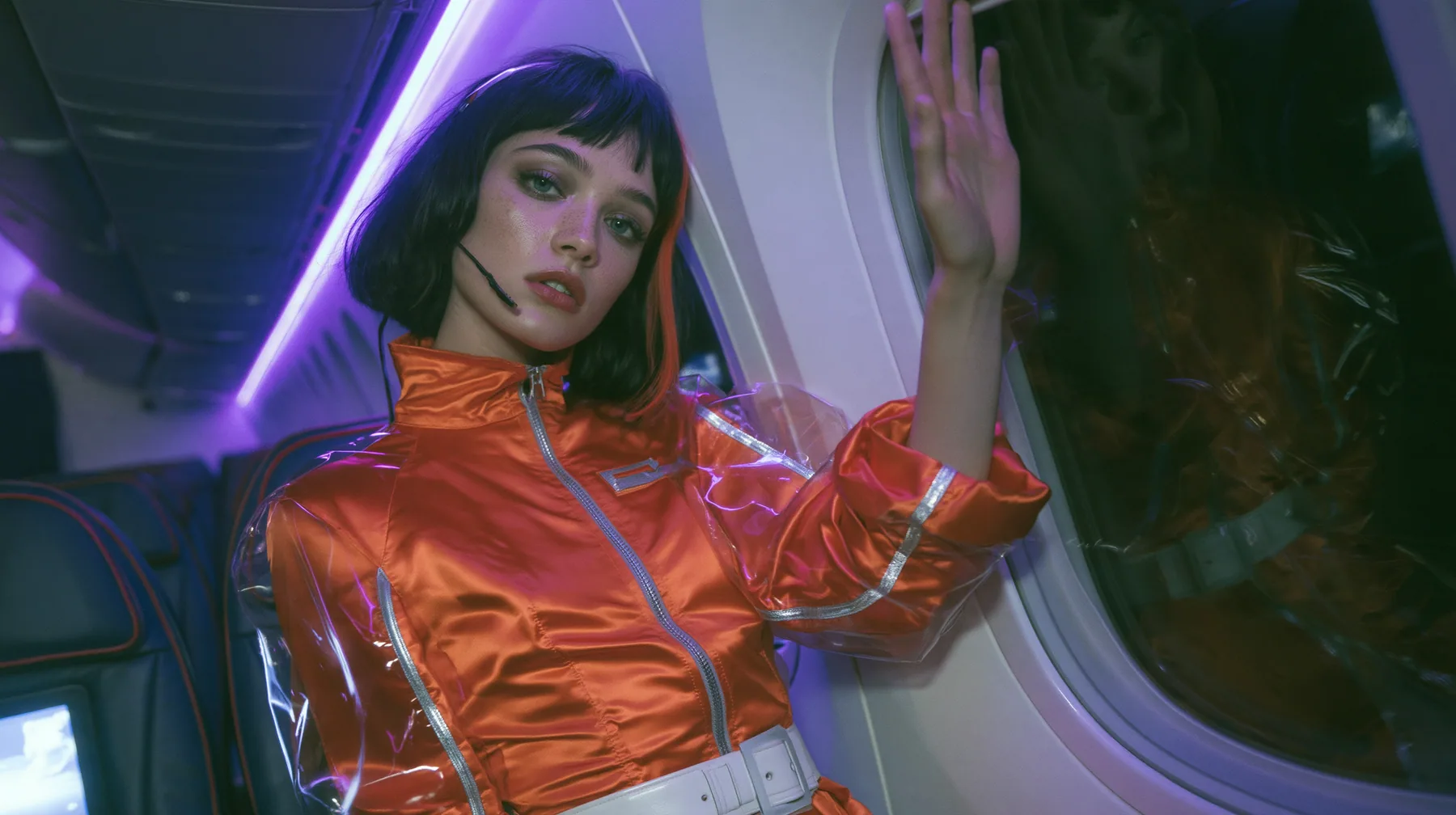 Jet-set high fashion editorial, a couture magazine story shot on a night flight: a medium shot over the shoulder of a Caucasian American woman in her late twenties with pale skin and a glossy black blunt bob with…