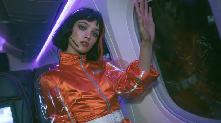 Jet-set high fashion editorial, a couture magazine story shot on a night flight: a medium shot over the shoulder of a Caucasian American woman in her late twenties with pale skin and a glossy black blunt bob with…