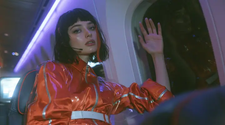 Jet-set high fashion editorial, a couture magazine story shot on a night flight: a medium shot over the shoulder of a Caucasian American woman in her late twenties with pale skin and a glossy black blunt bob with…