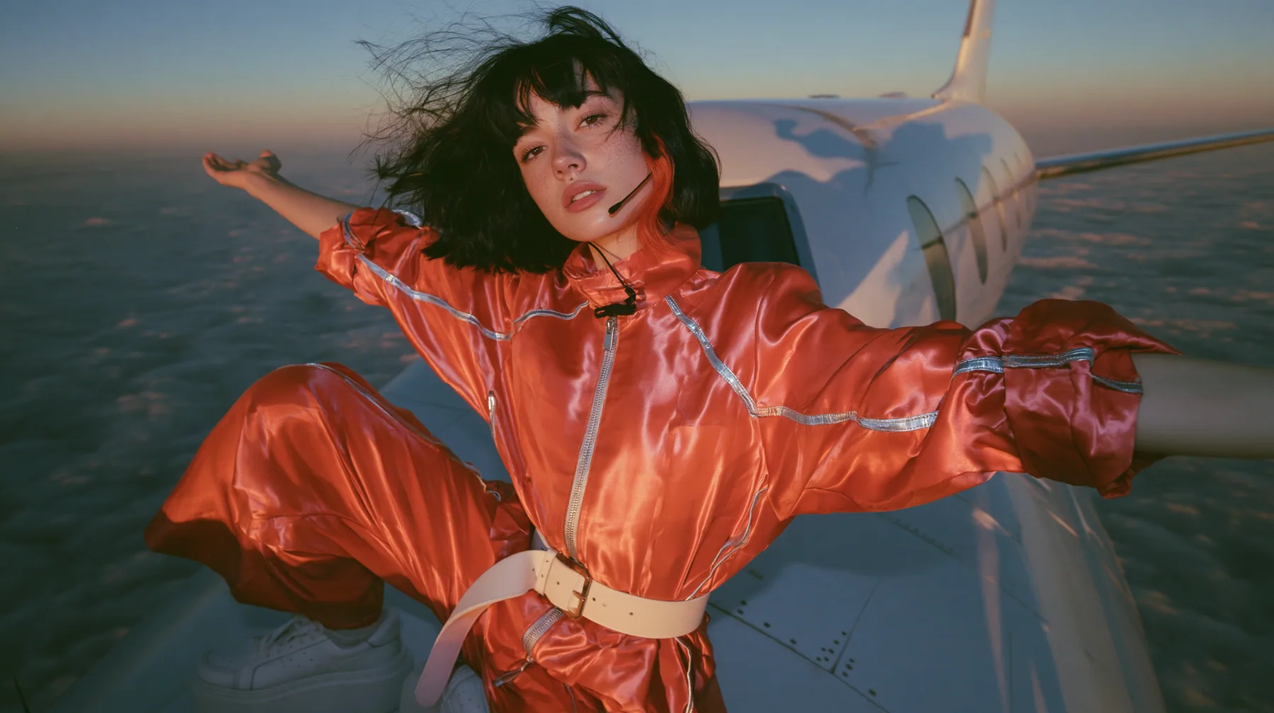 Jet-set high fashion editorial, a couture magazine story shot on a dawn flight: a full-length shot of a Caucasian American woman in her late twenties with pale skin and a glossy black blunt bob with heavy straight…