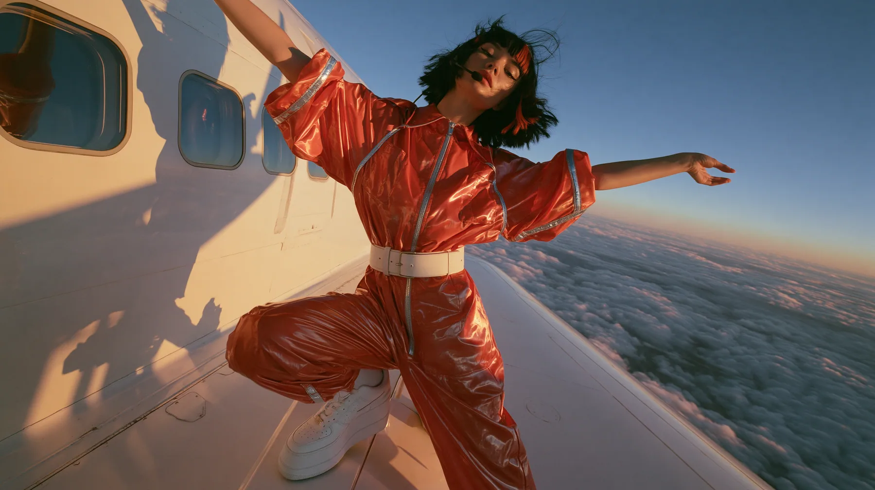 Jet-set high fashion editorial, a couture magazine story shot on a dawn flight: a full-length shot of a Caucasian American woman in her late twenties with pale skin and a glossy black blunt bob with heavy straight…