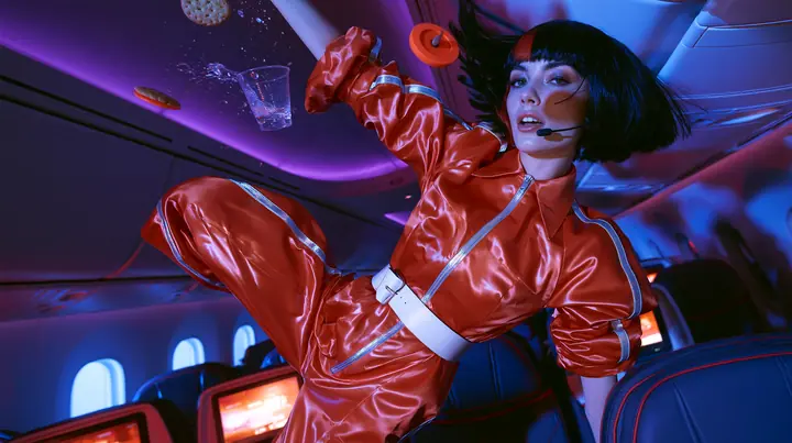 Jet-set high fashion editorial, a couture magazine story shot on a night flight: a medium-wide shot of a Caucasian American woman in her late twenties with pale skin and a glossy black blunt bob with heavy straight…
