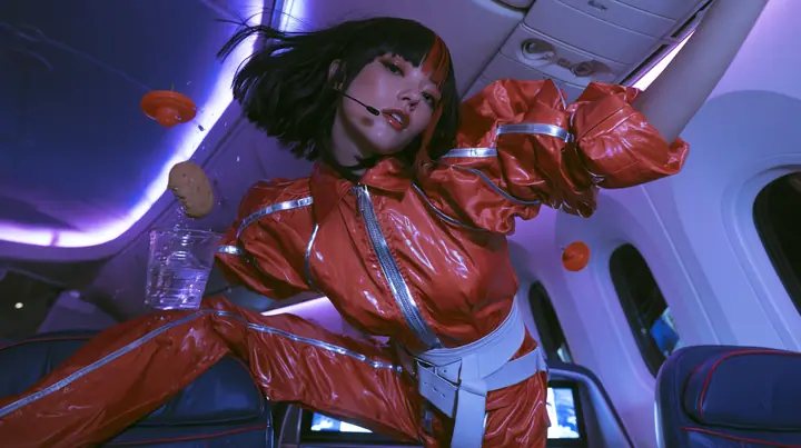 Jet-set high fashion editorial, a couture magazine story shot on a night flight: a medium-wide shot of a Caucasian American woman in her late twenties with pale skin and a glossy black blunt bob with heavy straight…