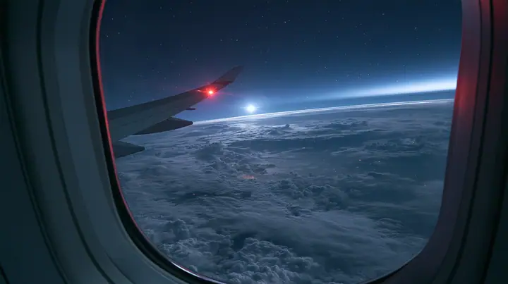 Jet-set editorial: the view out of an oval airliner window at night over a sea of clouds lit by the moon, the wing with its red navigation light, stars, the window frame in the foreground, 35mm lens, no text, no…