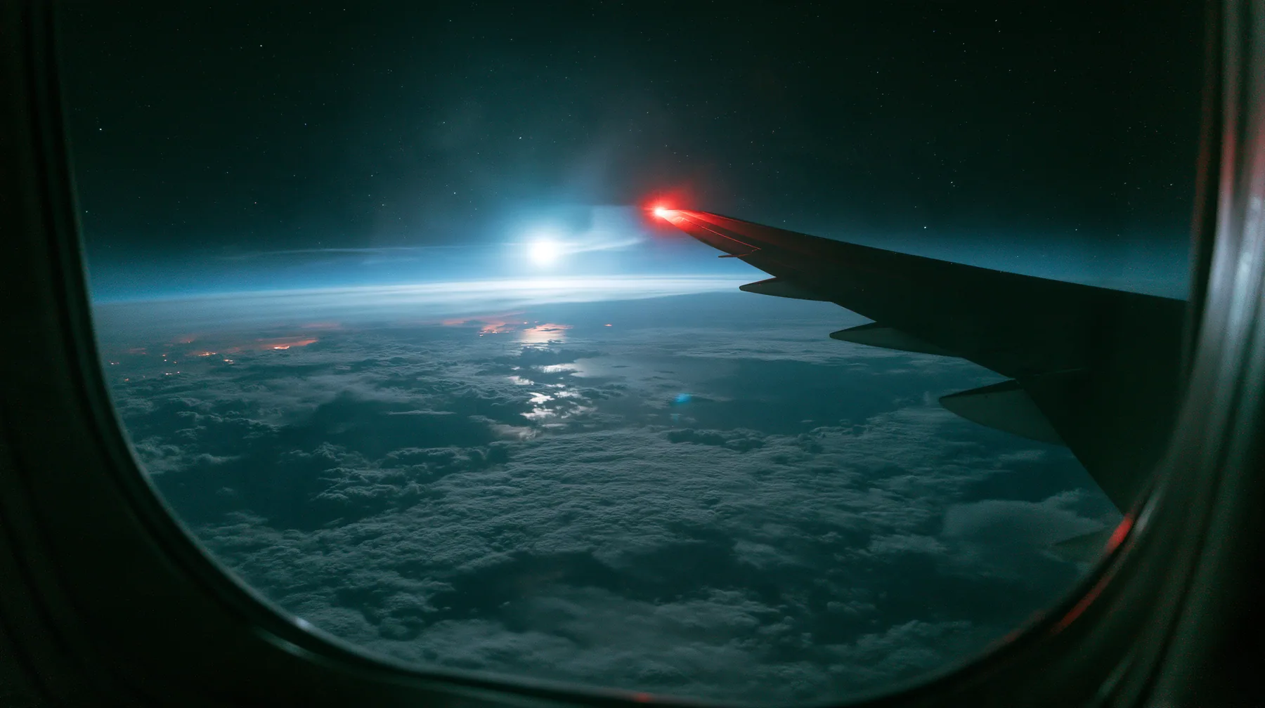 Jet-set editorial: the view out of an oval airliner window at night over a sea of clouds lit by the moon, the wing with its red navigation light, stars, the window frame in the foreground, 35mm lens, no text, no…