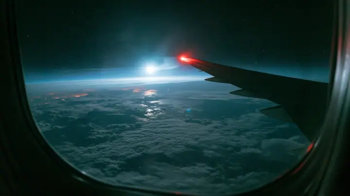 Jet-set editorial: the view out of an oval airliner window at night over a sea of clouds lit by the moon, the wing with its red navigation light, stars, the window frame in the foreground, 35mm lens, no text, no…