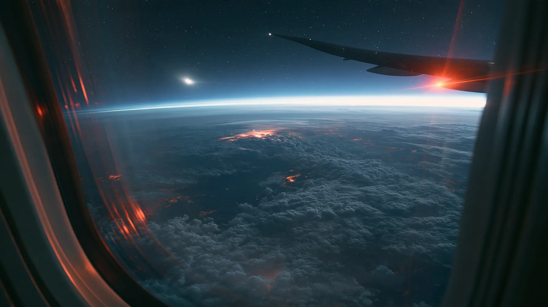 Jet-set editorial: the view out of an oval airliner window at night over a sea of clouds lit by the moon, the wing with its red navigation light, stars, the window frame in the foreground, 35mm lens, no text, no…
