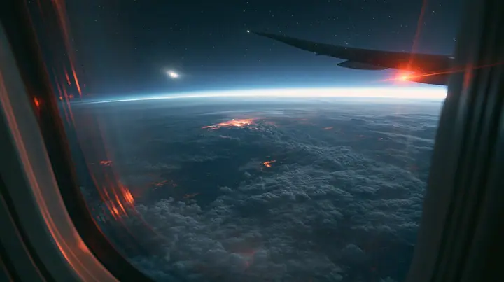 Jet-set editorial: the view out of an oval airliner window at night over a sea of clouds lit by the moon, the wing with its red navigation light, stars, the window frame in the foreground, 35mm lens, no text, no…