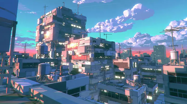 A low-poly city at dusk seen from a rooftop, chunky buildings with lit windows, water tanks and antennas, a pink and orange sky, a low-poly 3D video game render, flat-shaded chunky polygons, low-resolution painted…