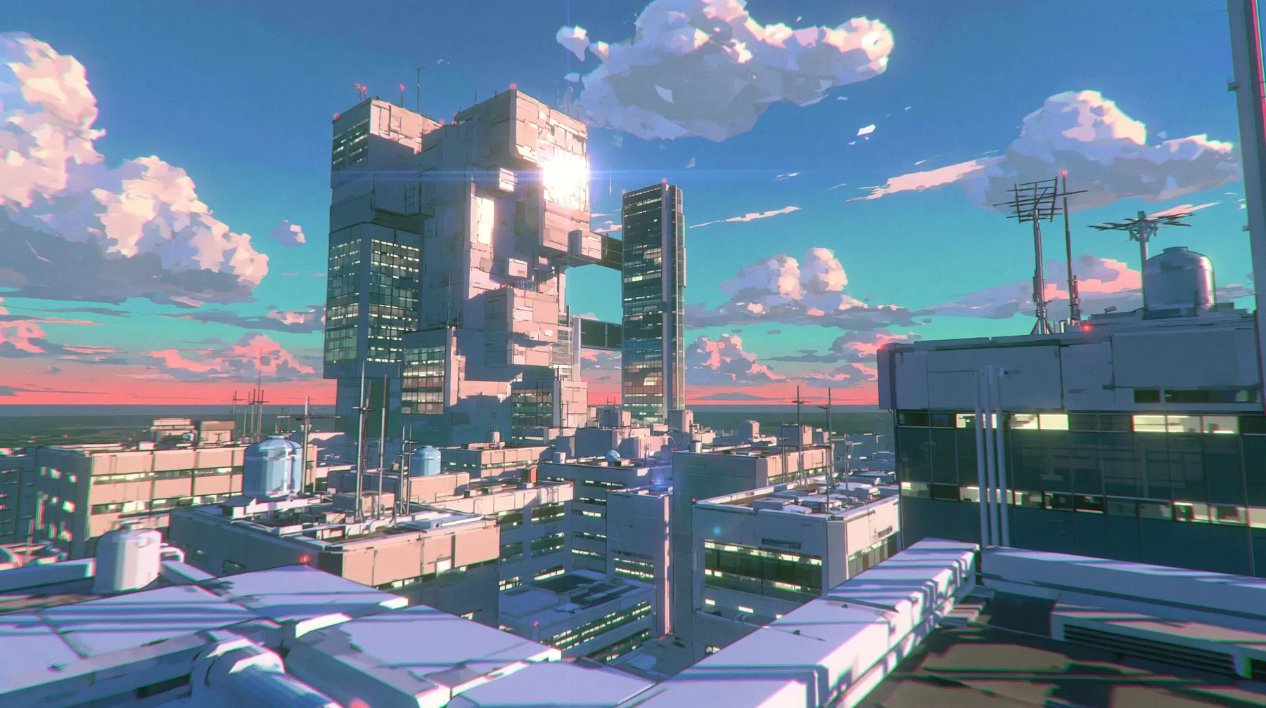 A low-poly city at dusk seen from a rooftop, chunky buildings with lit windows, water tanks and antennas, a pink and orange sky, a low-poly 3D video game render, flat-shaded chunky polygons, low-resolution painted…