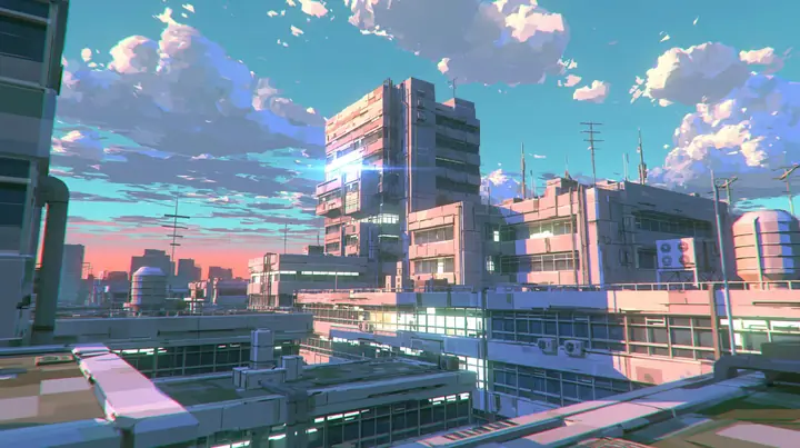 A low-poly city at dusk seen from a rooftop, chunky buildings with lit windows, water tanks and antennas, a pink and orange sky, a low-poly 3D video game render, flat-shaded chunky polygons, low-resolution painted…