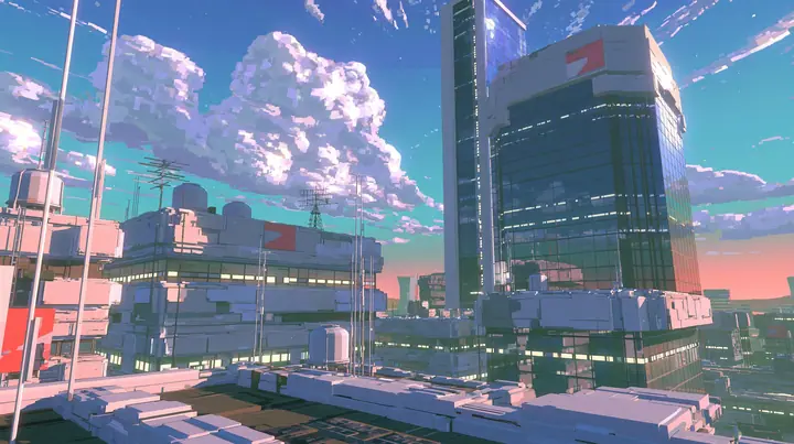 A low-poly city at dusk seen from a rooftop, chunky buildings with lit windows, water tanks and antennas, a pink and orange sky, a low-poly 3D video game render, flat-shaded chunky polygons, low-resolution painted…