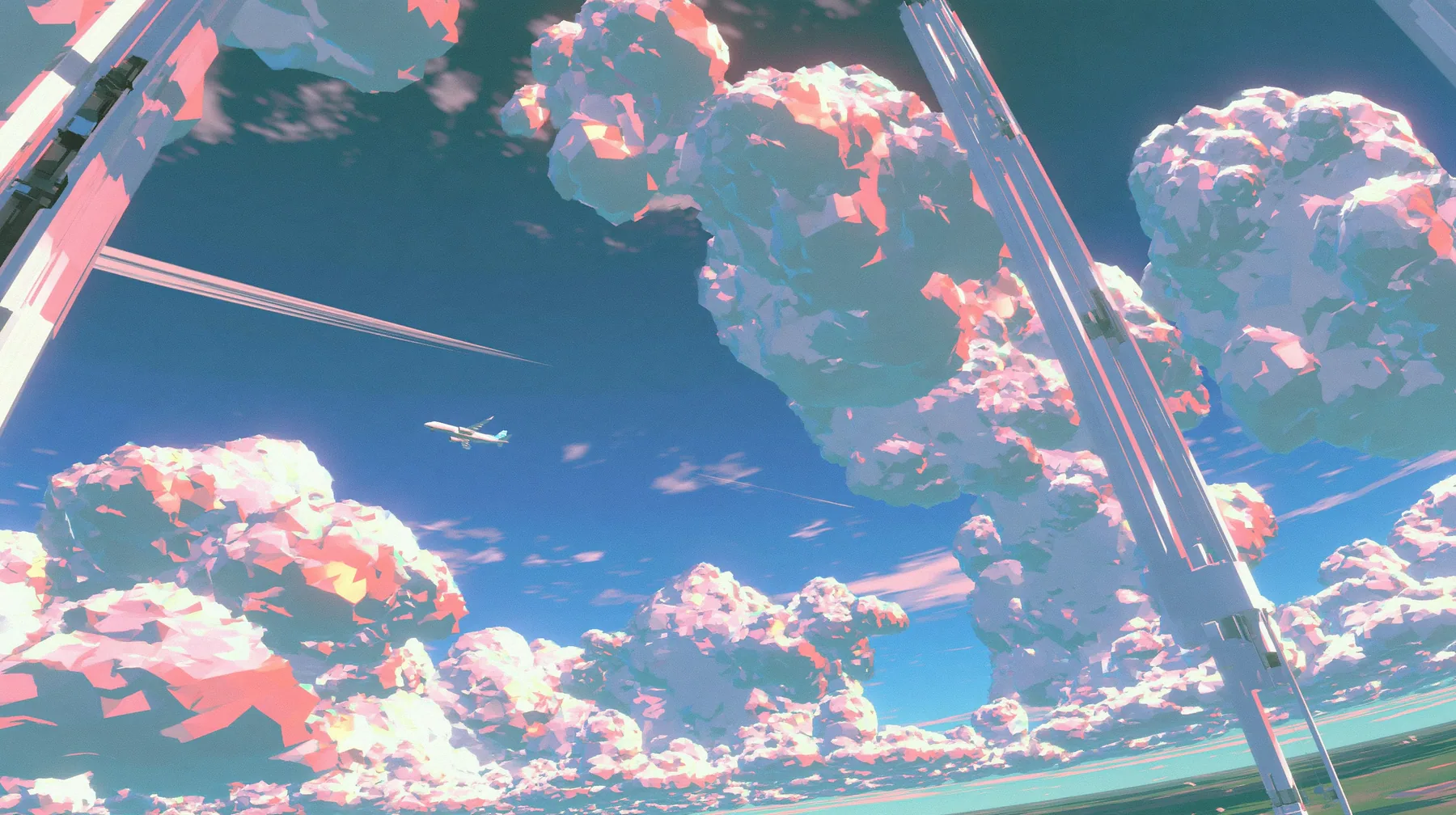 A low-poly sky of towering faceted cumulus clouds at dusk, pink and orange light on the cloud tops, a small airliner far away, a low-poly 3D video game render, flat-shaded chunky polygons, low-resolution painted…