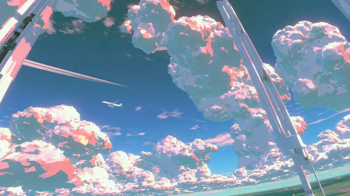 A low-poly sky of towering faceted cumulus clouds at dusk, pink and orange light on the cloud tops, a small airliner far away, a low-poly 3D video game render, flat-shaded chunky polygons, low-resolution painted…