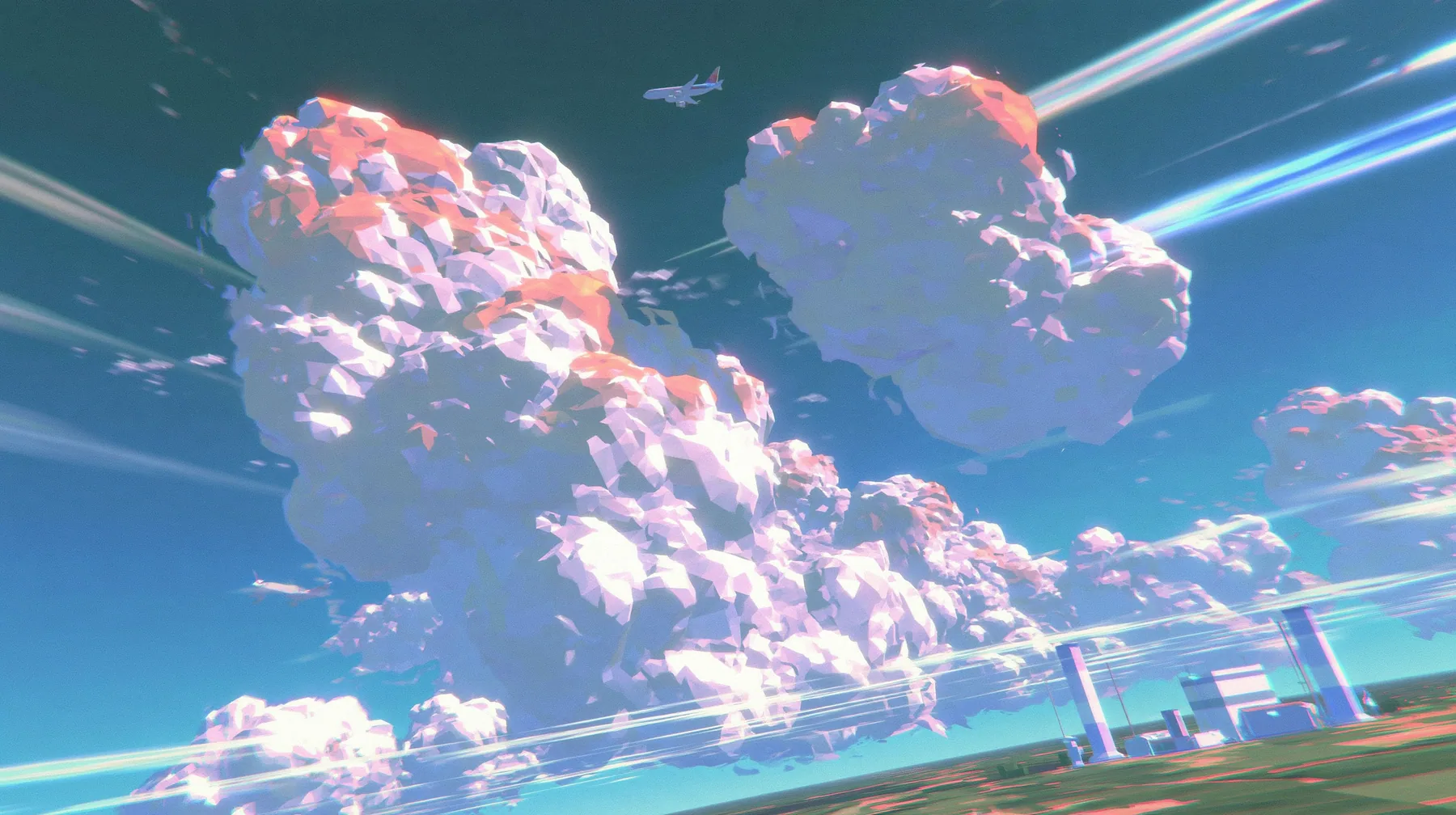 A low-poly sky of towering faceted cumulus clouds at dusk, pink and orange light on the cloud tops, a small airliner far away, a low-poly 3D video game render, flat-shaded chunky polygons, low-resolution painted…