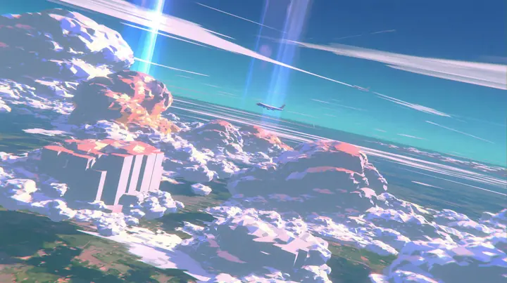 A low-poly sky of towering faceted cumulus clouds at dusk, pink and orange light on the cloud tops, a small airliner far away, a low-poly 3D video game render, flat-shaded chunky polygons, low-resolution painted…