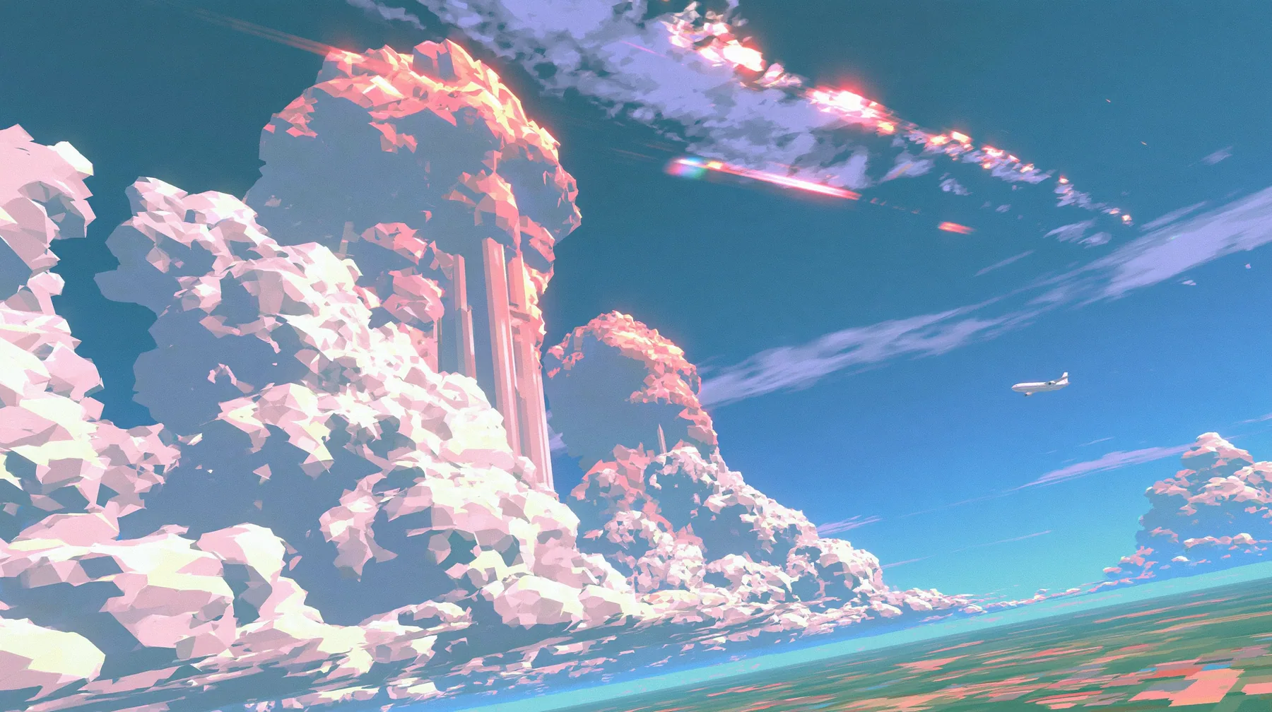 A low-poly sky of towering faceted cumulus clouds at dusk, pink and orange light on the cloud tops, a small airliner far away, a low-poly 3D video game render, flat-shaded chunky polygons, low-resolution painted…