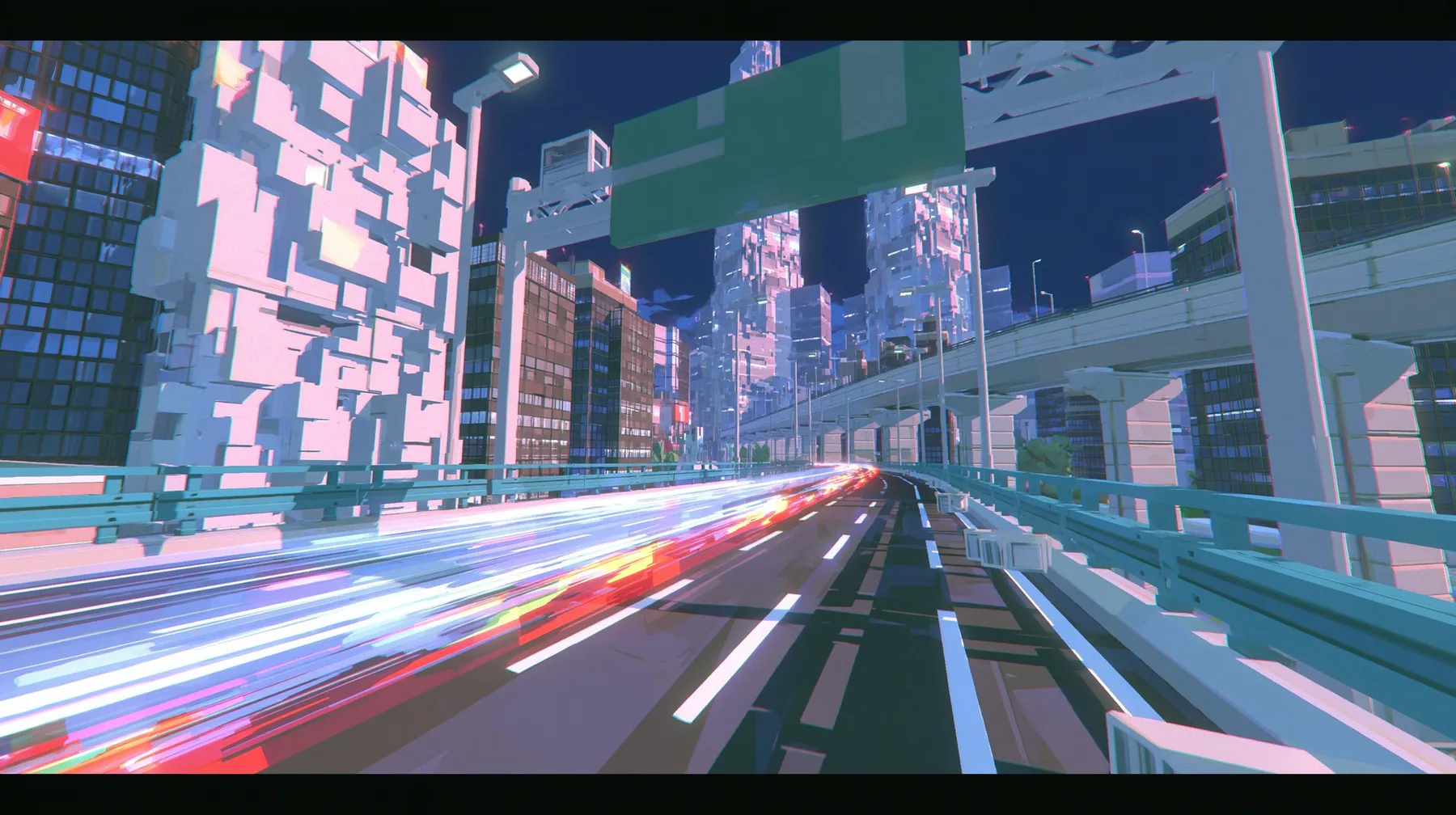 A low-poly elevated city highway at night, white lane lines, teal guard rails, tall street lamps, a big green overhead gantry sign, streaks of light racing along the lanes, a low-poly 3D video game render,…