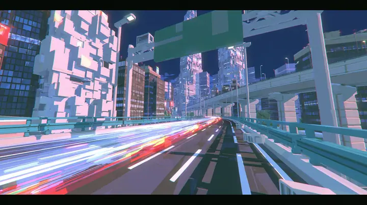 A low-poly elevated city highway at night, white lane lines, teal guard rails, tall street lamps, a big green overhead gantry sign, streaks of light racing along the lanes, a low-poly 3D video game render,…