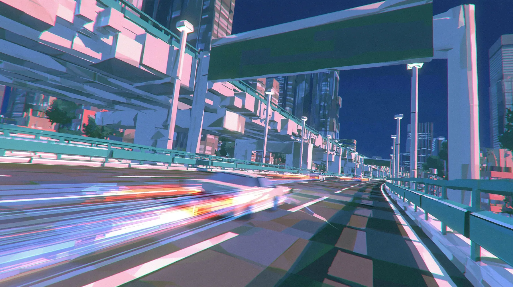 A low-poly elevated city highway at night, white lane lines, teal guard rails, tall street lamps, a big green overhead gantry sign, streaks of light racing along the lanes, a low-poly 3D video game render,…