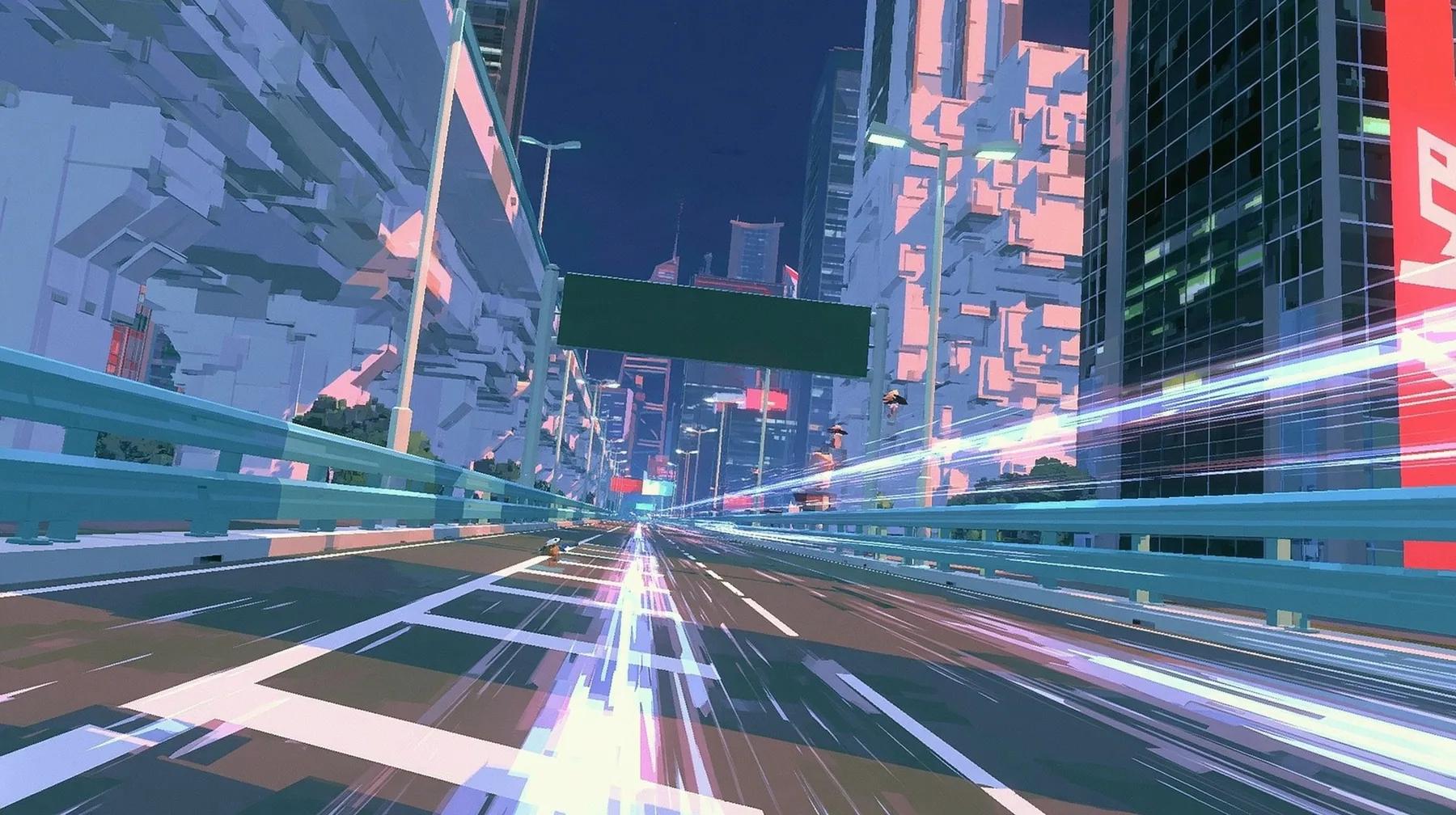 A low-poly elevated city highway at night, white lane lines, teal guard rails, tall street lamps, a big green overhead gantry sign, streaks of light racing along the lanes, a low-poly 3D video game render,…