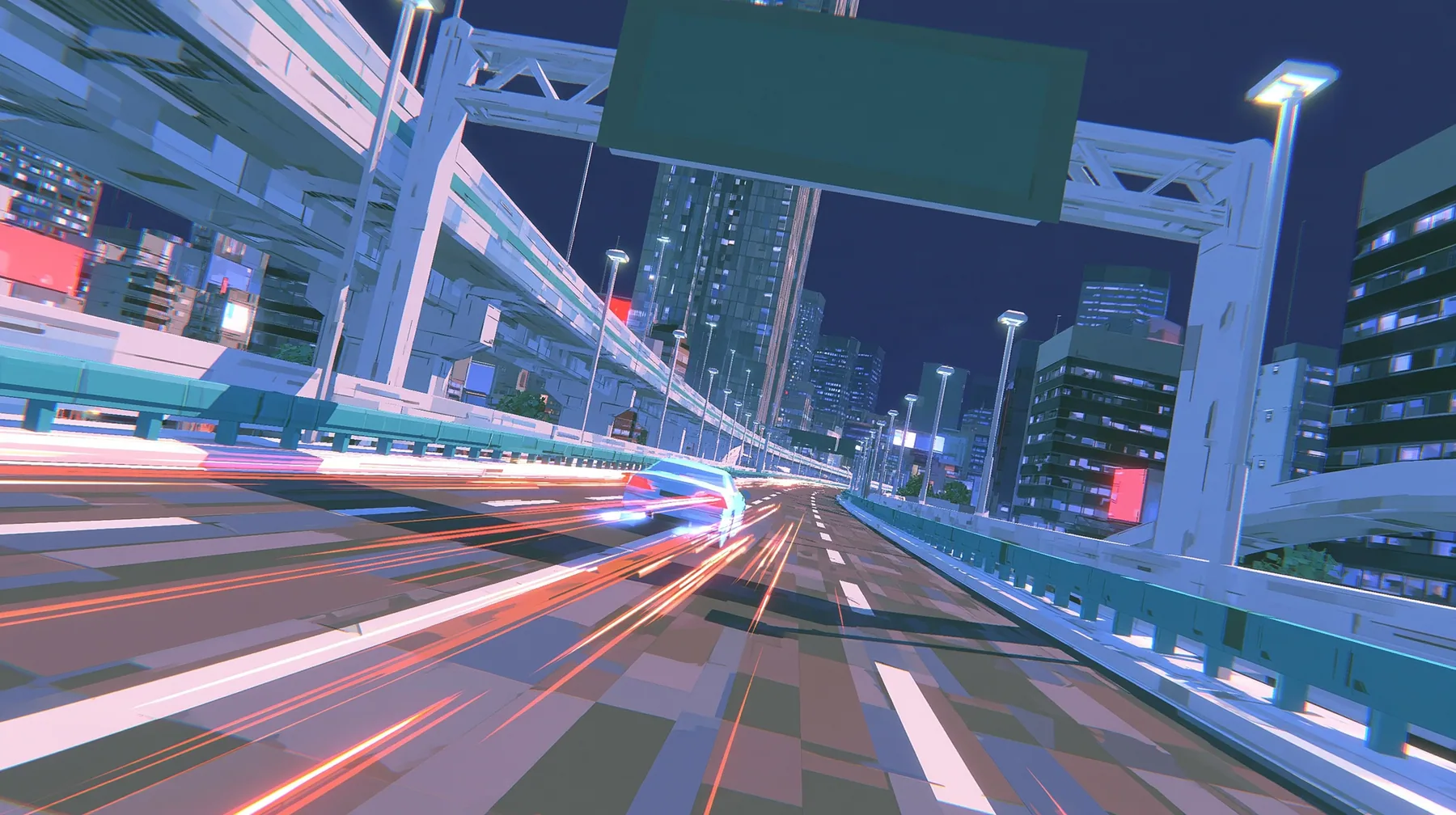 A low-poly elevated city highway at night, white lane lines, teal guard rails, tall street lamps, a big green overhead gantry sign, streaks of light racing along the lanes, a low-poly 3D video game render,…