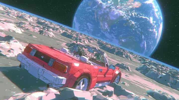 A low-poly grey moon surface with chunky craters, the Earth rising huge over the horizon, a black starfield, a small cherry-red convertible parked on the regolith, a low-poly 3D video game render, flat-shaded chunky…