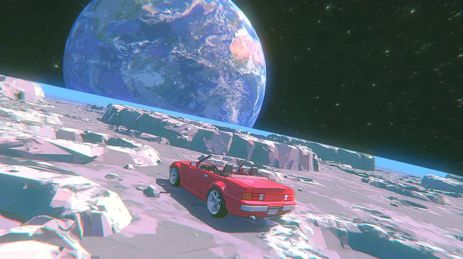 A low-poly grey moon surface with chunky craters, the Earth rising huge over the horizon, a black starfield, a small cherry-red convertible parked on the regolith, a low-poly 3D video game render, flat-shaded chunky…