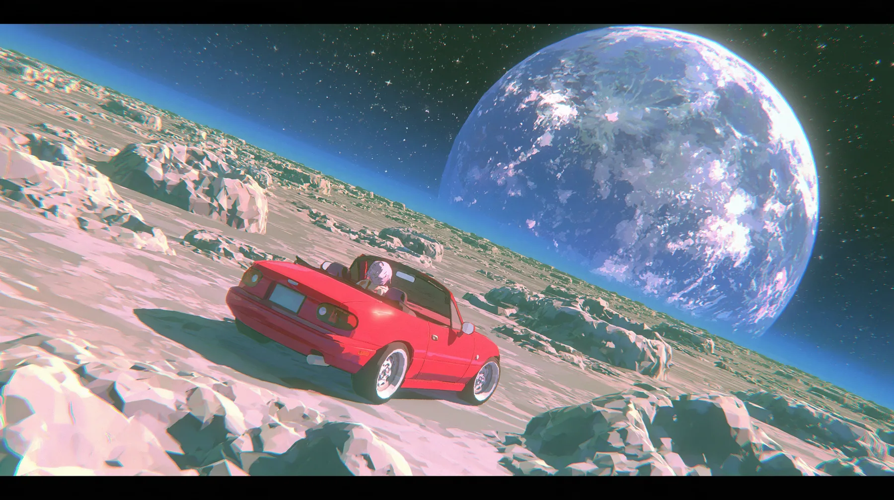 A low-poly grey moon surface with chunky craters, the Earth rising huge over the horizon, a black starfield, a small cherry-red convertible parked on the regolith, a low-poly 3D video game render, flat-shaded chunky…