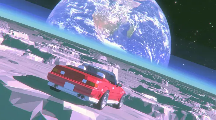A low-poly grey moon surface with chunky craters, the Earth rising huge over the horizon, a black starfield, a small cherry-red convertible parked on the regolith, a low-poly 3D video game render, flat-shaded chunky…