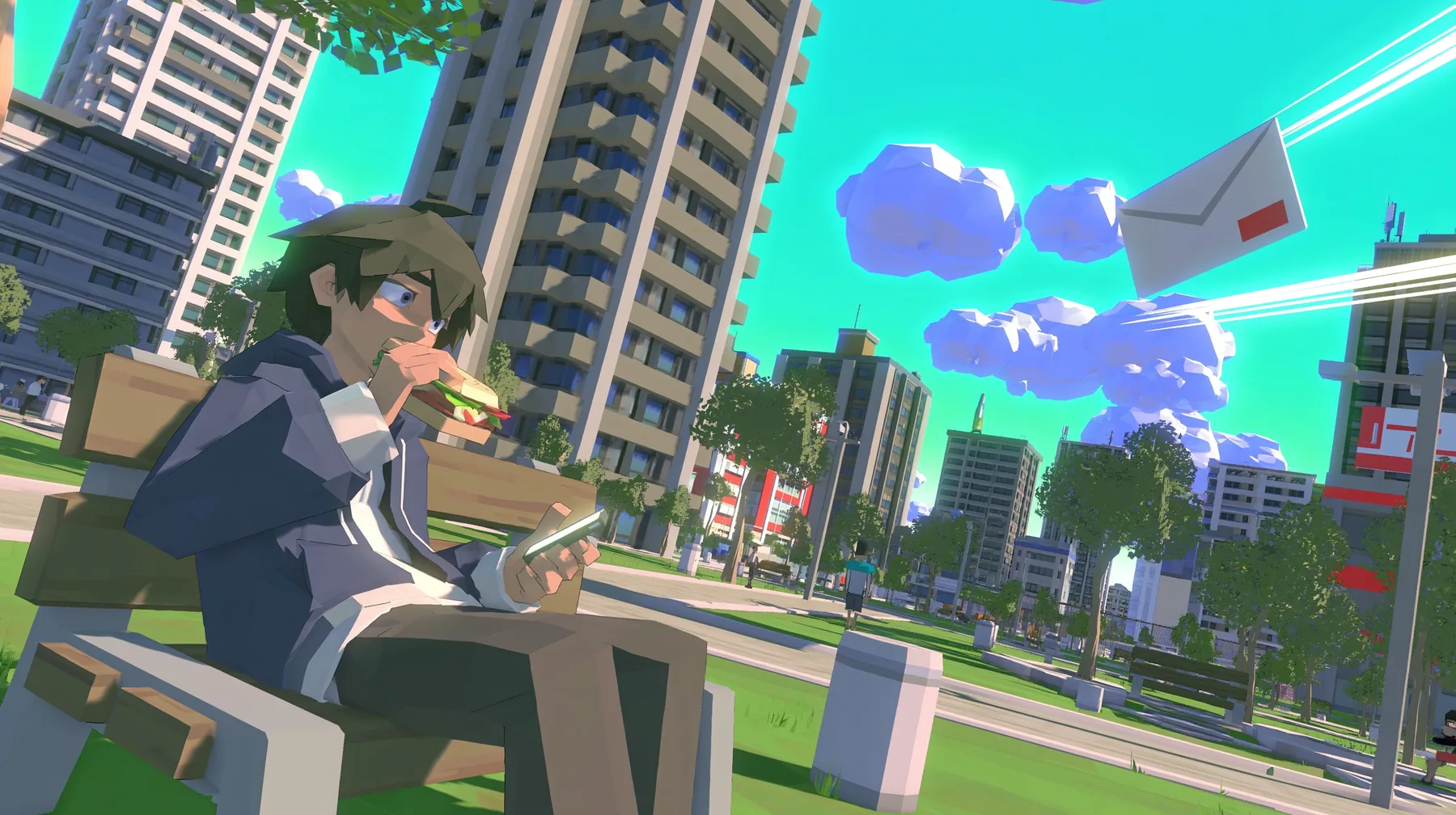 A low-poly city park at noon, a man in a hoodie on a bench mid-bite of a huge sandwich, startled, looking at his glowing phone, a low-poly paper envelope flying toward the phone with speed lines, a low-poly 3D video…