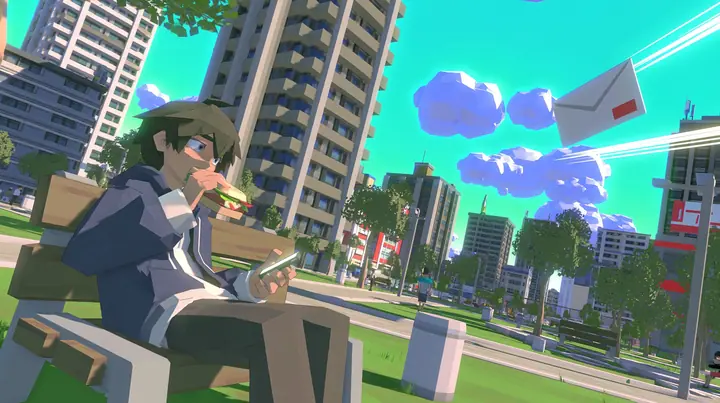 A low-poly city park at noon, a man in a hoodie on a bench mid-bite of a huge sandwich, startled, looking at his glowing phone, a low-poly paper envelope flying toward the phone with speed lines, a low-poly 3D video…