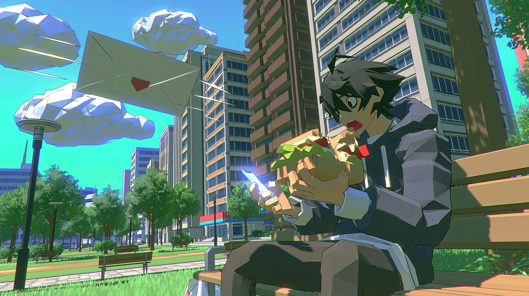 A low-poly city park at noon, a man in a hoodie on a bench mid-bite of a huge sandwich, startled, looking at his glowing phone, a low-poly paper envelope flying toward the phone with speed lines, a low-poly 3D video…