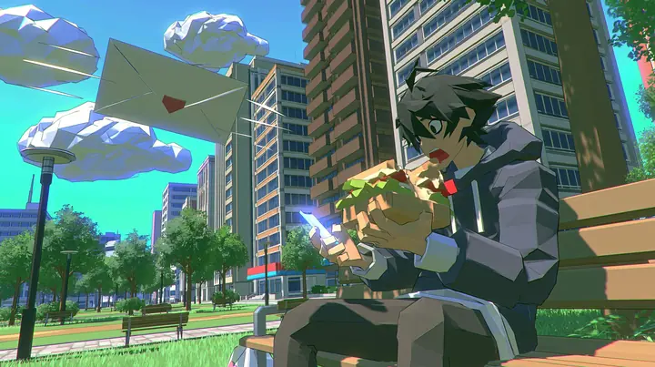 A low-poly city park at noon, a man in a hoodie on a bench mid-bite of a huge sandwich, startled, looking at his glowing phone, a low-poly paper envelope flying toward the phone with speed lines, a low-poly 3D video…