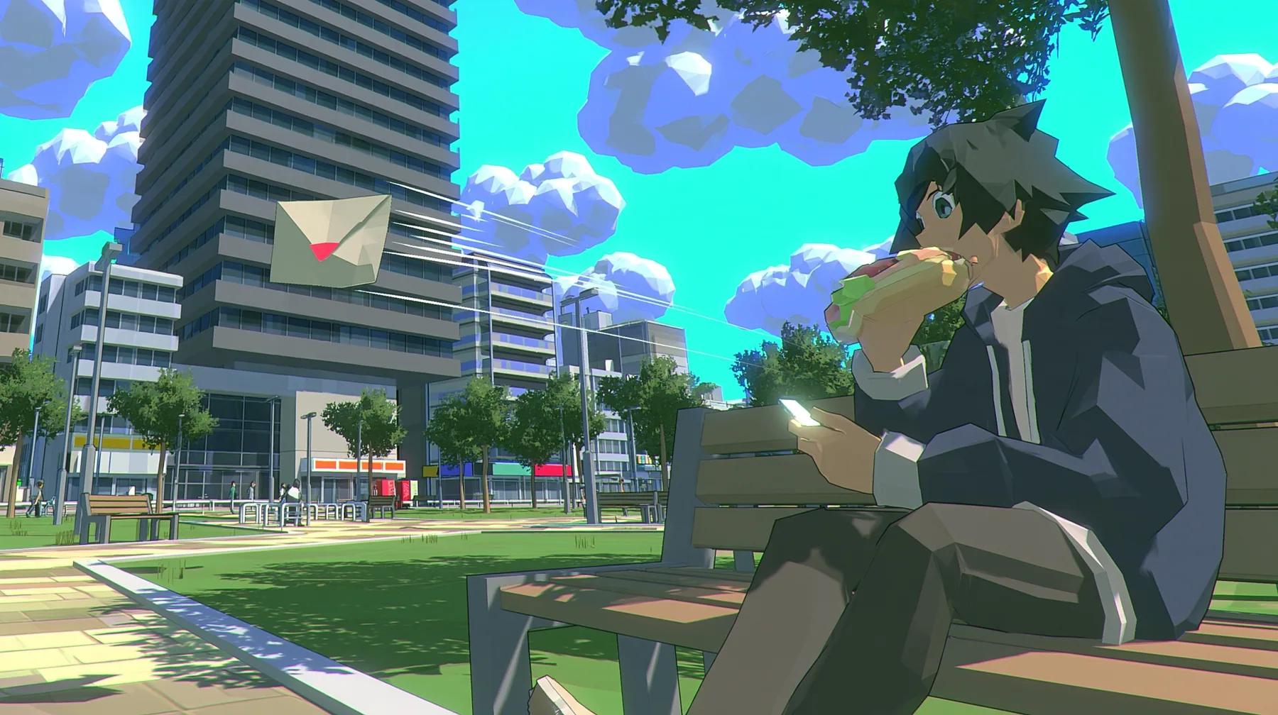 A low-poly city park at noon, a man in a hoodie on a bench mid-bite of a huge sandwich, startled, looking at his glowing phone, a low-poly paper envelope flying toward the phone with speed lines, a low-poly 3D video…