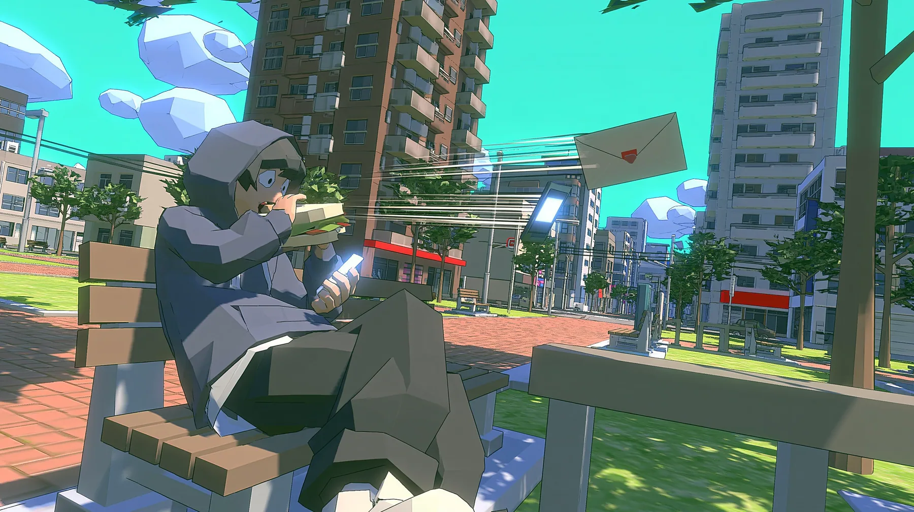 A low-poly city park at noon, a man in a hoodie on a bench mid-bite of a huge sandwich, startled, looking at his glowing phone, a low-poly paper envelope flying toward the phone with speed lines, a low-poly 3D video…