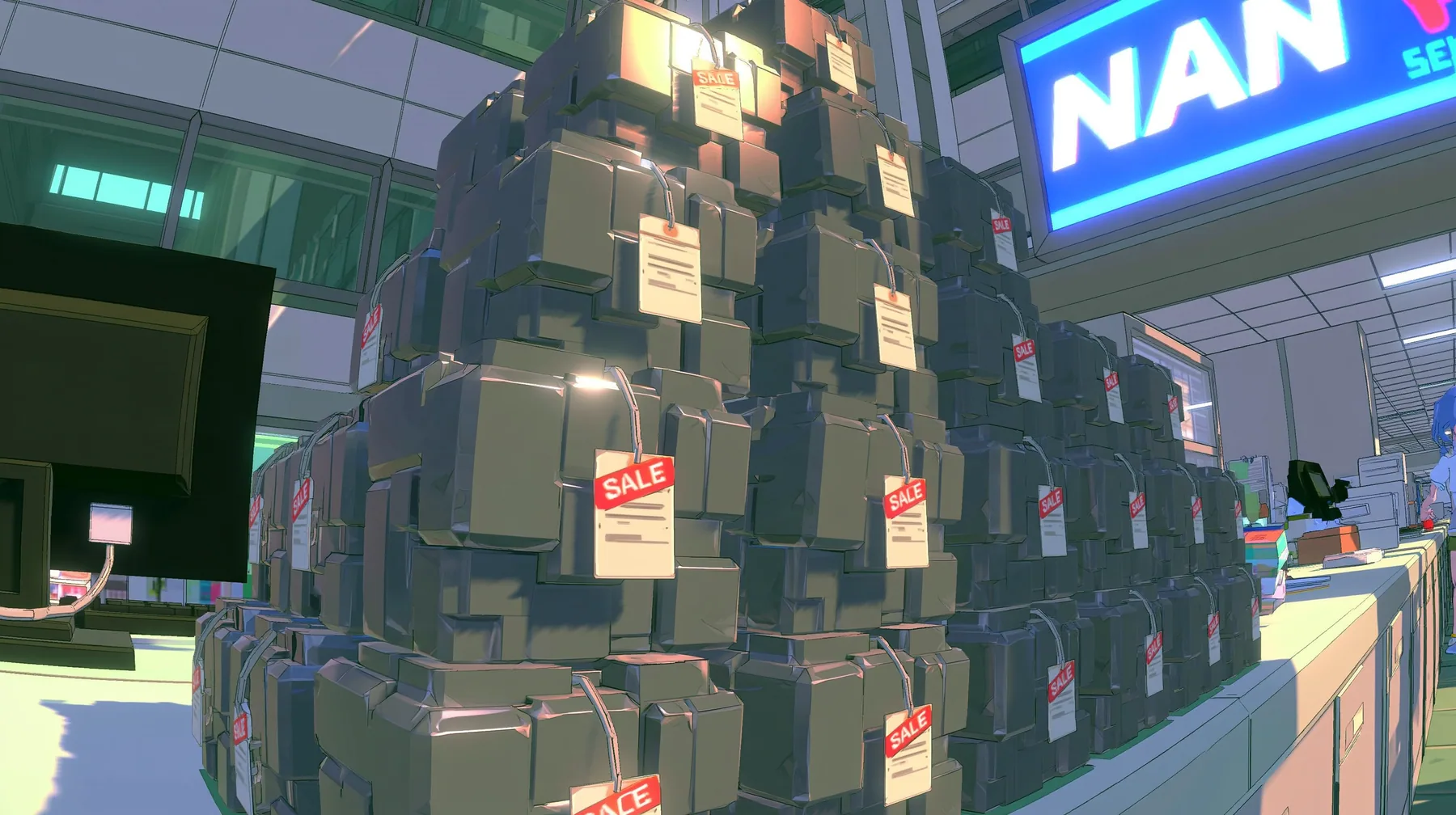 A low-poly close-up of a pyramid of small shiny dark-grey tungsten metal cubes on an office counter, each with a small blank paper price tag on a string, a sliding red sale sticker, a low-poly 3D video game render,…