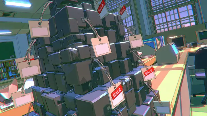 A low-poly close-up of a pyramid of small shiny dark-grey tungsten metal cubes on an office counter, each with a small blank paper price tag on a string, a sliding red sale sticker, a low-poly 3D video game render,…