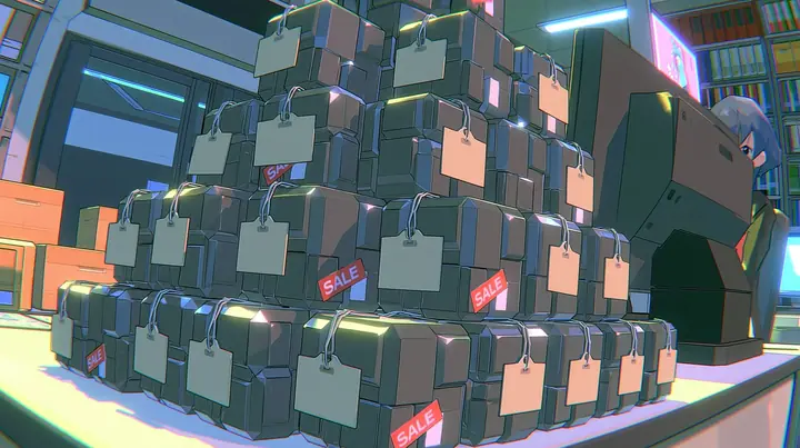 A low-poly close-up of a pyramid of small shiny dark-grey tungsten metal cubes on an office counter, each with a small blank paper price tag on a string, a sliding red sale sticker, a low-poly 3D video game render,…