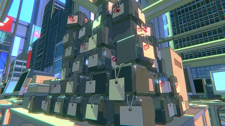 A low-poly close-up of a pyramid of small shiny dark-grey tungsten metal cubes on an office counter, each with a small blank paper price tag on a string, a sliding red sale sticker, a low-poly 3D video game render,…