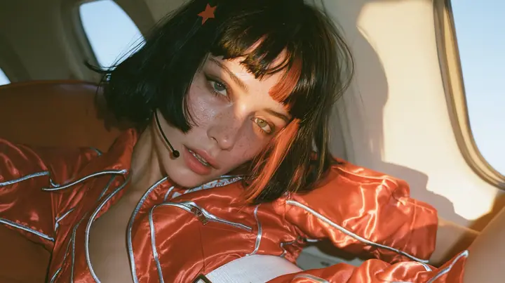 Jet-set fashion editorial, dawn flight: medium close-up of a Caucasian American woman in her late twenties with a grown-up angular face, pale freckled skin, a glossy black blunt bob with heavy bangs and one…