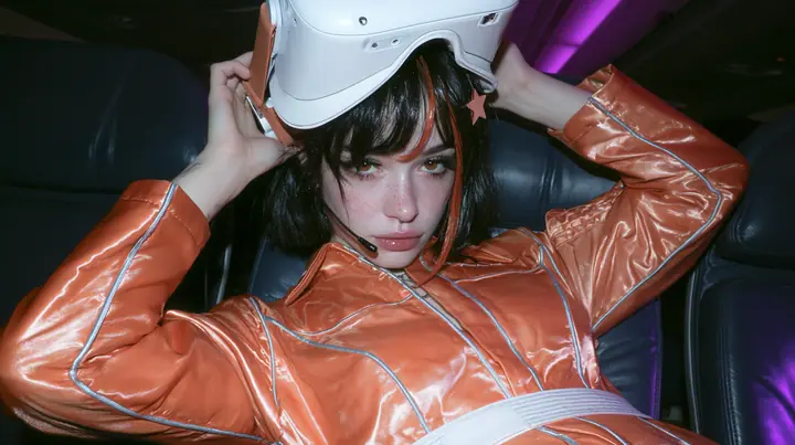 Jet-set fashion editorial, night flight: medium close-up of a Caucasian American woman in her late twenties with a grown-up angular face, pale freckled skin, a glossy black blunt bob with heavy bangs and one…