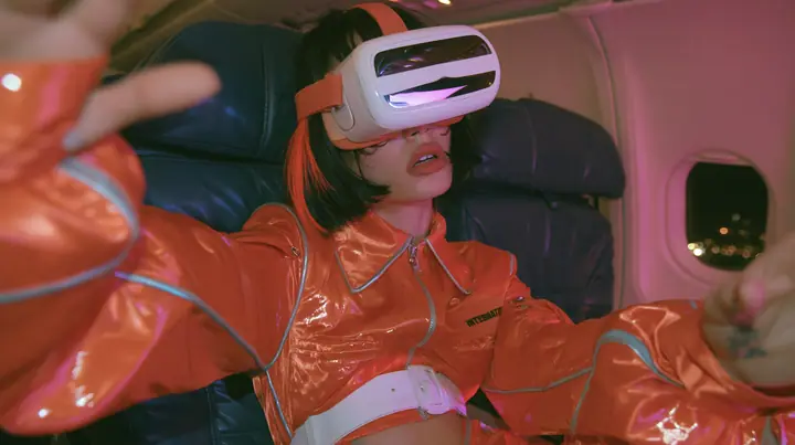 Jet-set fashion editorial, night flight: medium close-up of a woman in a glossy international-orange satin flight jumpsuit with silver piping and a white belt with a black bob and one orange streak, a glossy white VR…