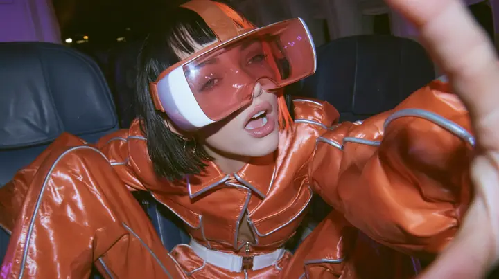 Jet-set fashion editorial, night flight: medium close-up of a woman in a glossy international-orange satin flight jumpsuit with silver piping and a white belt with a black bob and one orange streak, a glossy white VR…