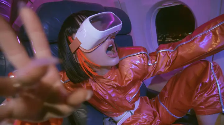 Jet-set fashion editorial, night flight: medium close-up of a woman in a glossy international-orange satin flight jumpsuit with silver piping and a white belt with a black bob and one orange streak, a glossy white VR…