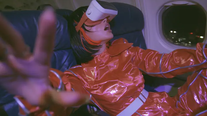 Jet-set fashion editorial, night flight: medium close-up of a woman in a glossy international-orange satin flight jumpsuit with silver piping and a white belt with a black bob and one orange streak, a glossy white VR…